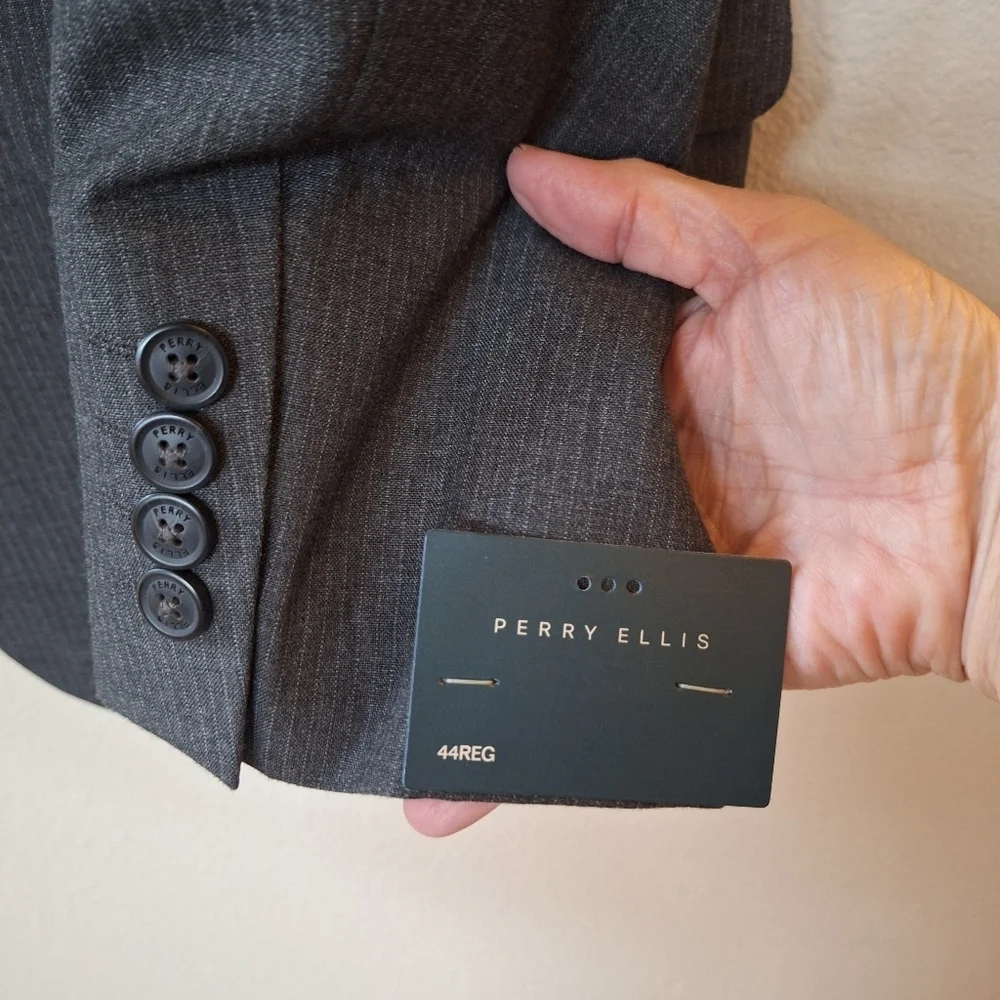 NWT Perry Ellis Travel Luxe Charcoal Pinstriped Sport Coat 2 Button Mens 44 Reg
